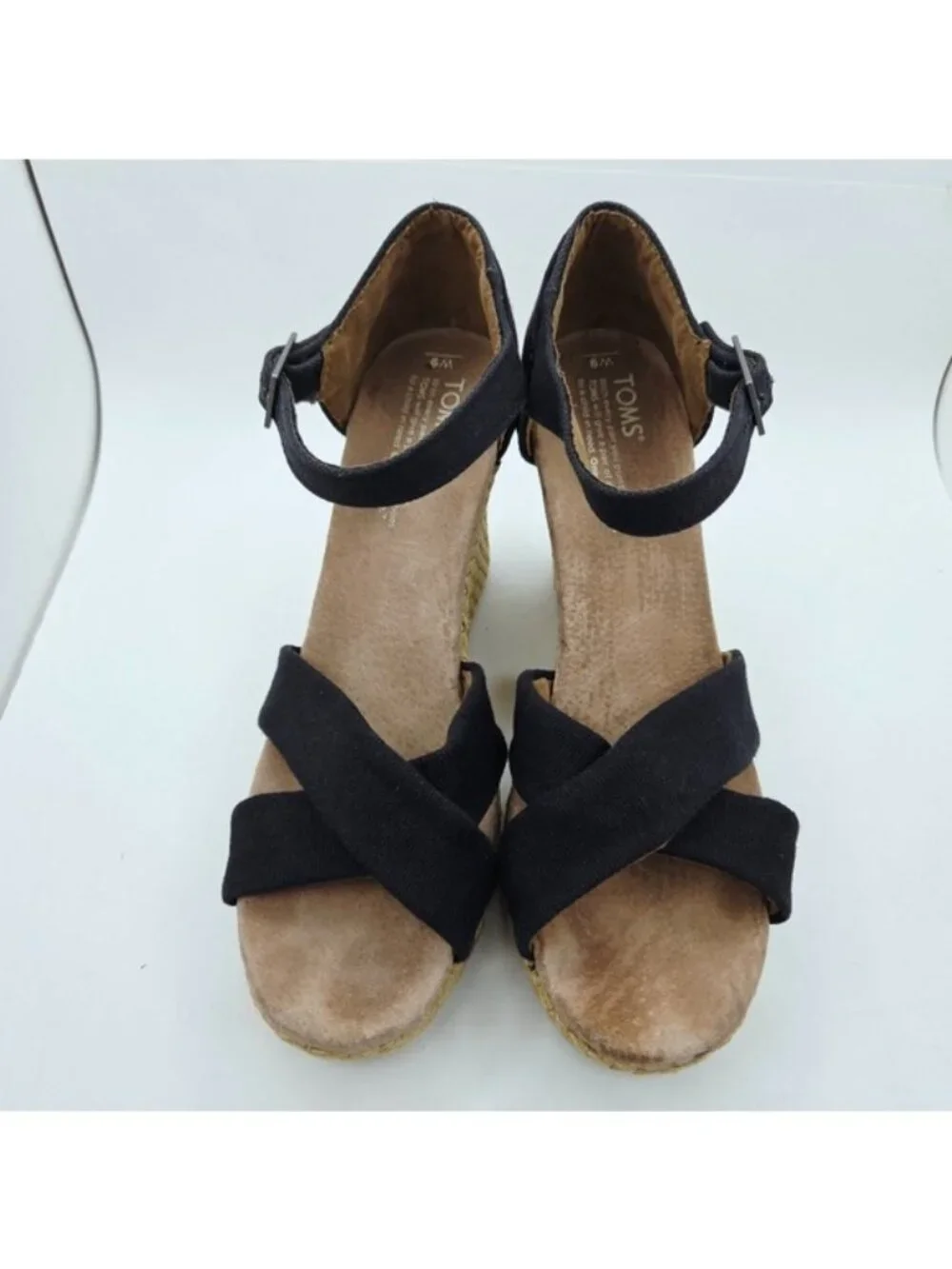 Toms Sienna Black Ankle Strap Espadrille Wedge Sandals Women's Size 9